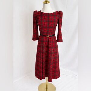 Calvin Klein Red Plaid Midi Dress with Belt